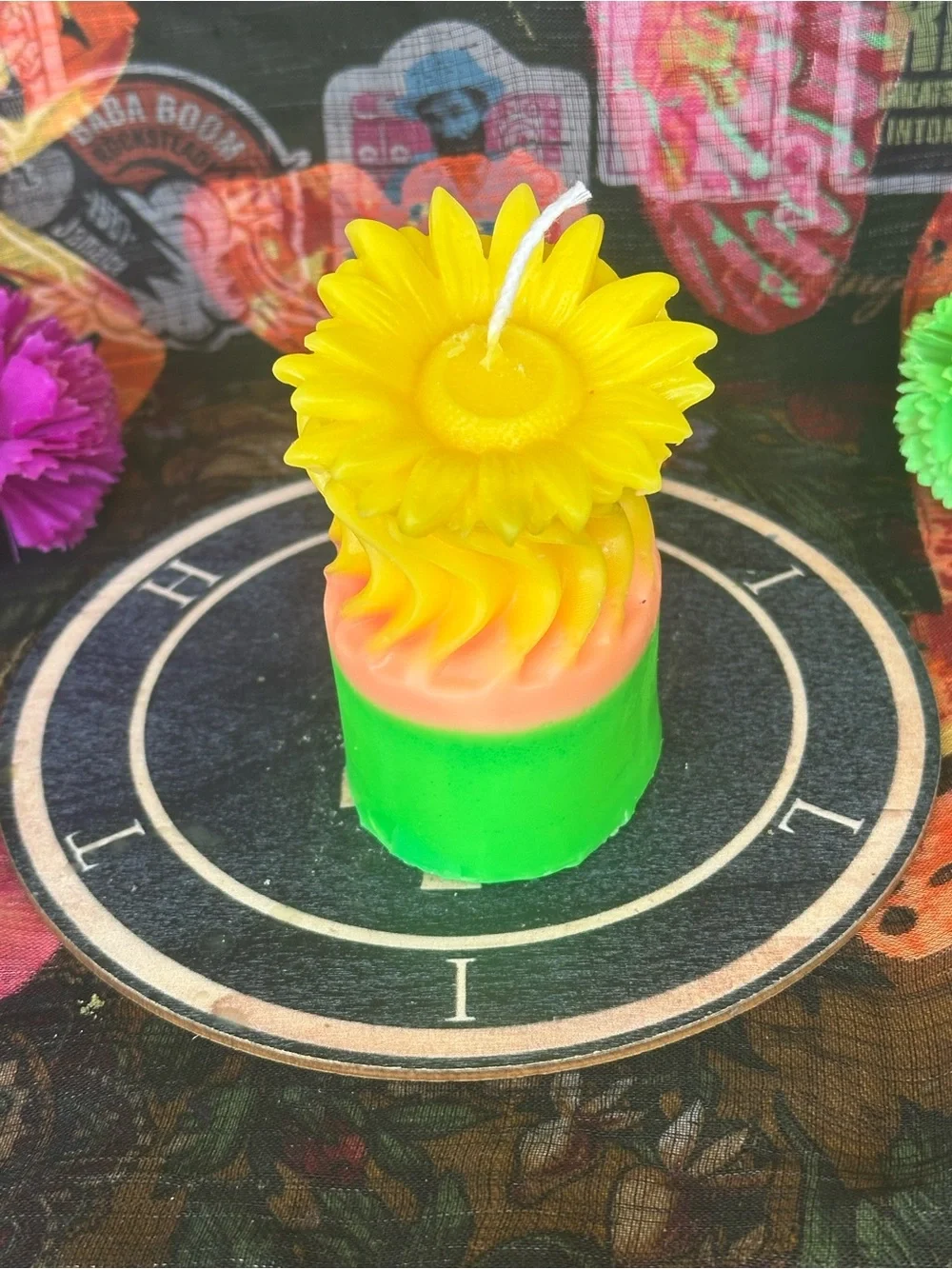 Handmade Sunflower Pillar Candle – Bright Yellow, Peach & Green Floral Candle